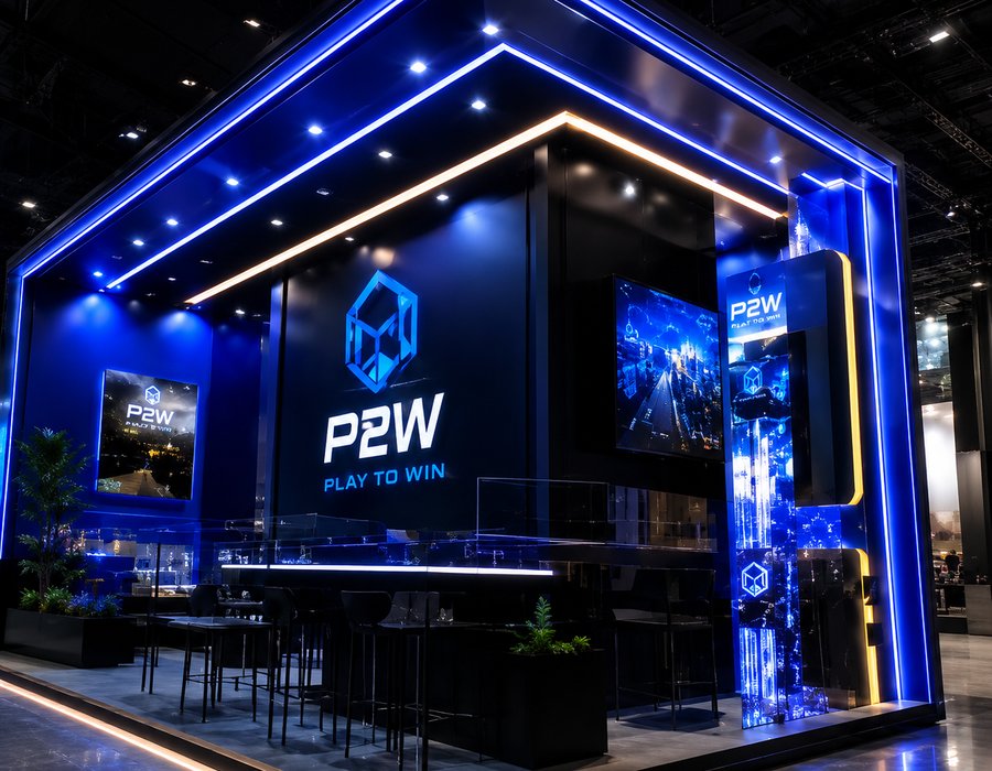 Estande P2W finalizado com iluminação azul