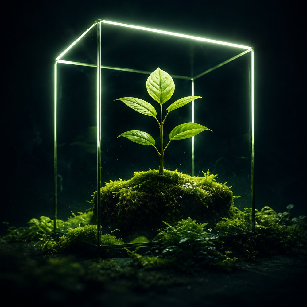 Planta jovem em instalação de luz, símbolo da cenografia sustentável