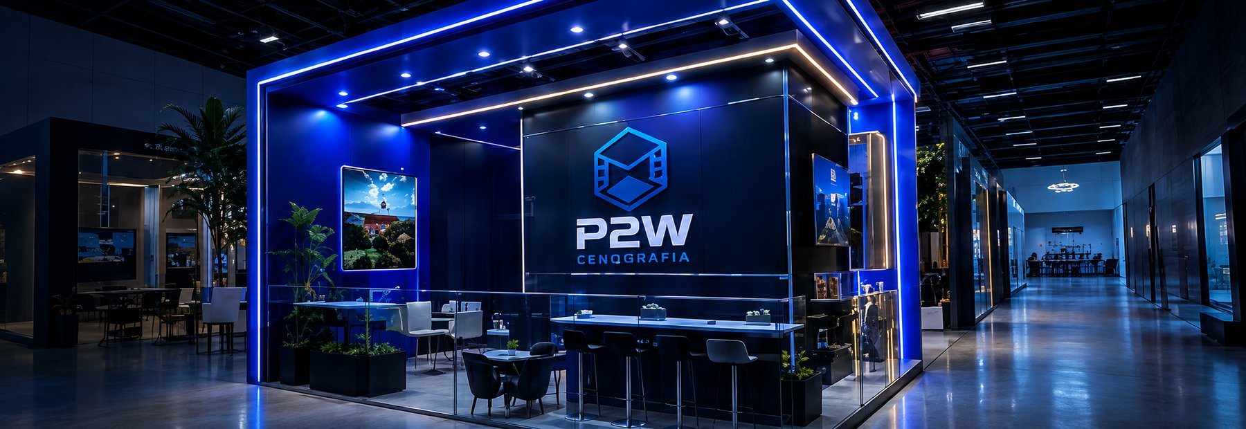 Estande personalizado P2W com iluminação azul