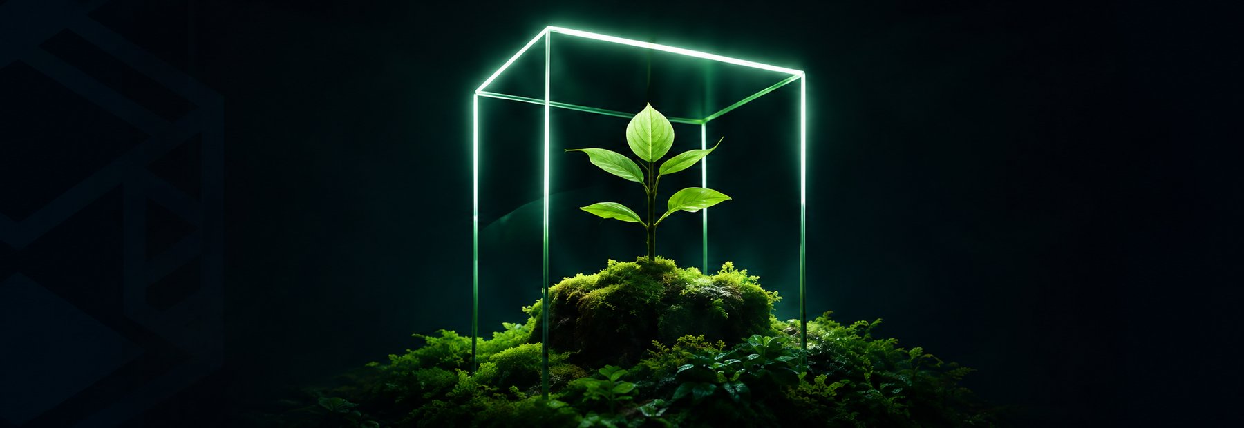 Planta sob estrutura luminosa representando soluções sustentáveis